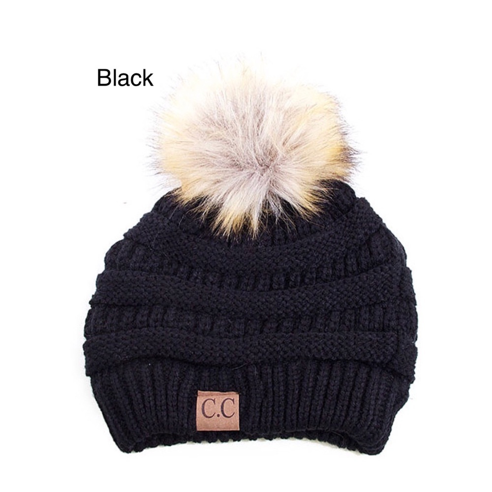 Black CC Knit Beanie with Faux Fur Pom